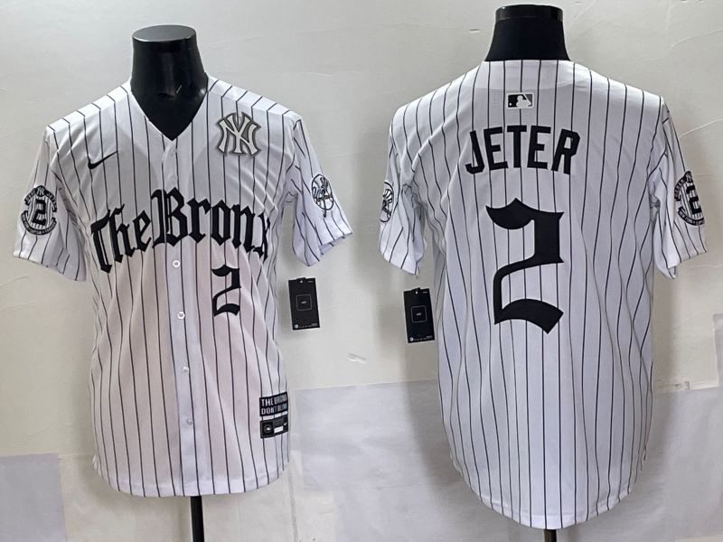 Men 2025 New York Yankees #2 Jeter White Stripe Five generations Joint Name Nike MLB Jersey style 05->new york yankees->MLB Jersey